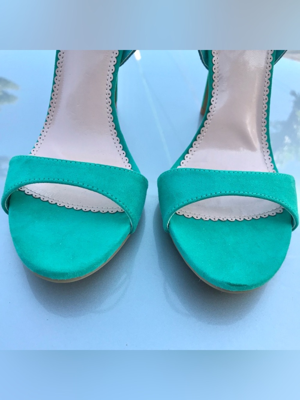 MADISON Teal Cage 3 Buckle Faux Suede Stiletto Open Toe Heels Size 9 - Picture 14 of 16